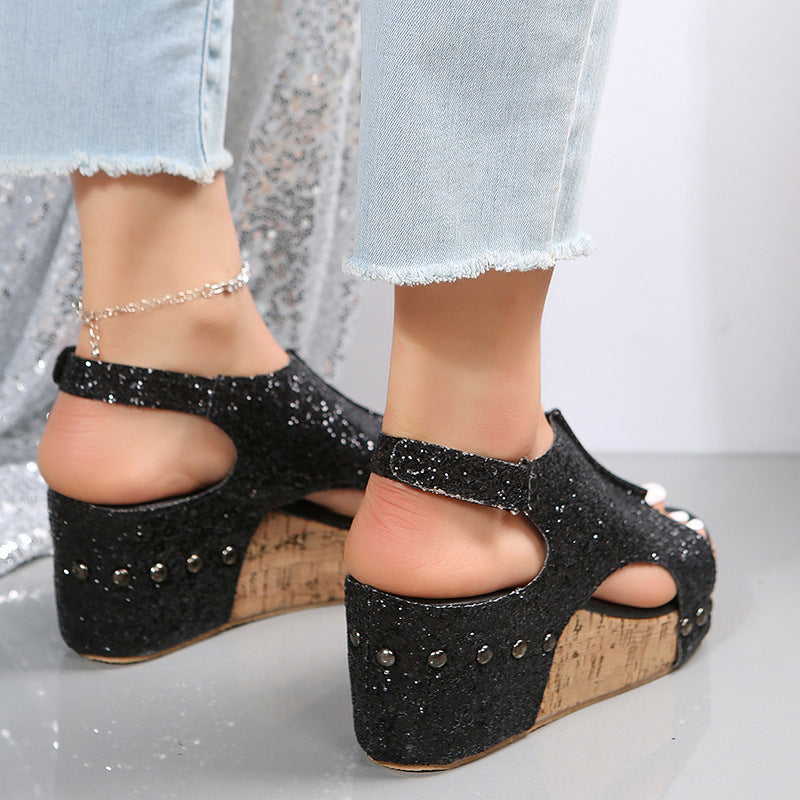 Summer Chunky Wedges Sandals Fashion Sequins Velcro Shoes Women
