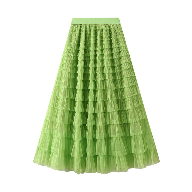 A-Line Mesh Ruffle Skirt Women's Temperament Sweet Long Skirt Slim Cupcake Dress Womens Clothing