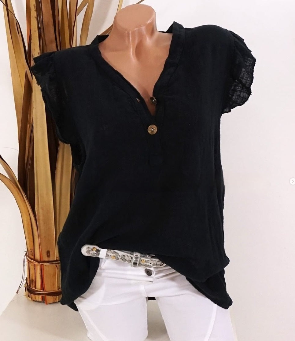 V-neck Plus Size Cotton And Linen Women's Loose sleeve