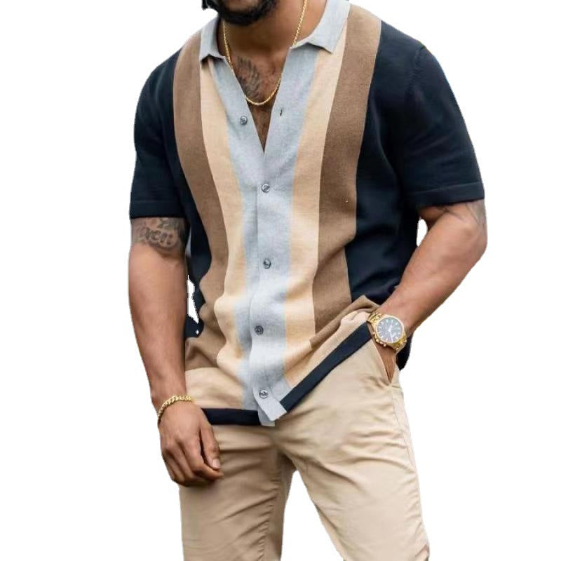 Men's Striped Casual Short-sleeved Knitted Cardigan T-shirt
