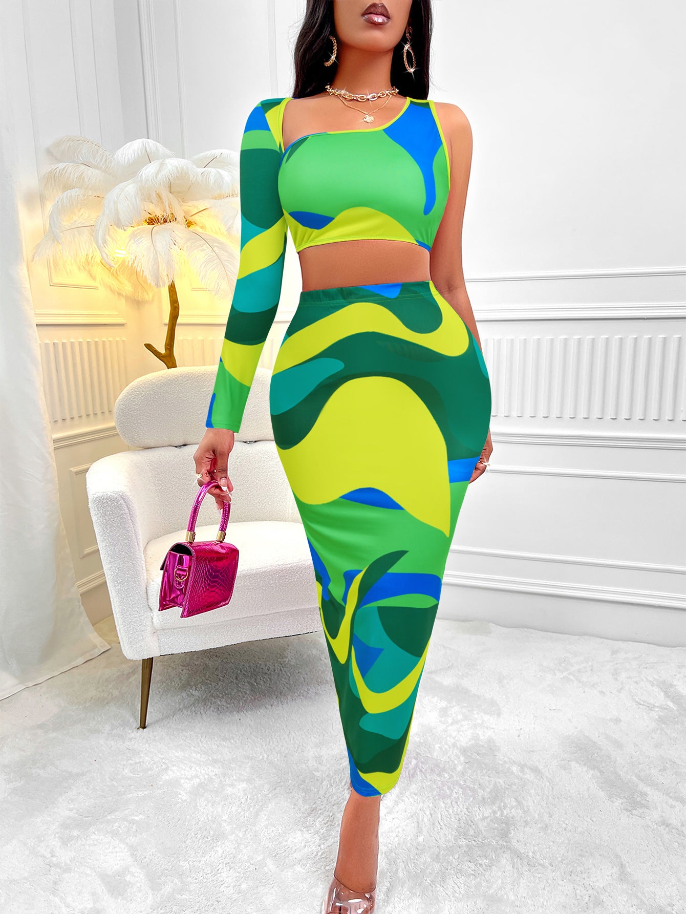 Women's Clothing Print Asymmetric One-shoulder Skirt Suit