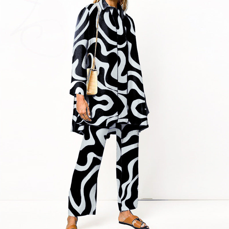 Printed Loose Long Sleeves Wide Leg Pants Fashion Suit