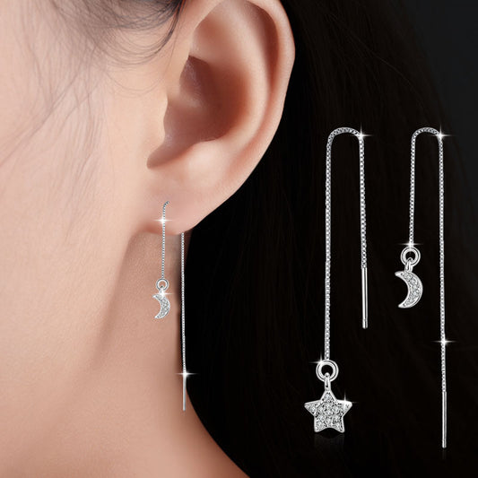 Korean Version Of Diamond-studded Long Asymmetrical Star And Moon Tassel Earrings Earrings Earrings