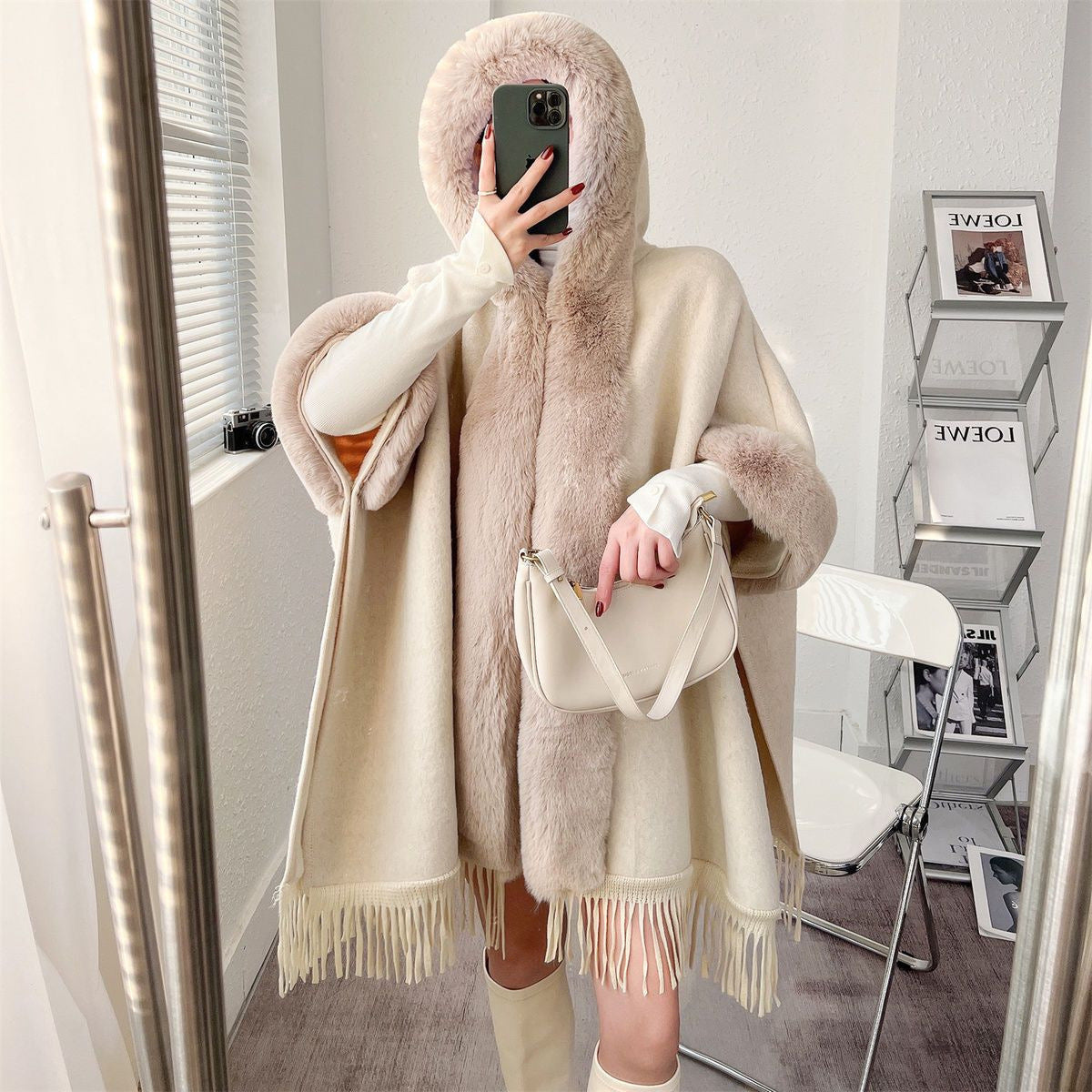 Vintage Knitted Tassel Fleece-lined Thickened Shawl Cape Coat