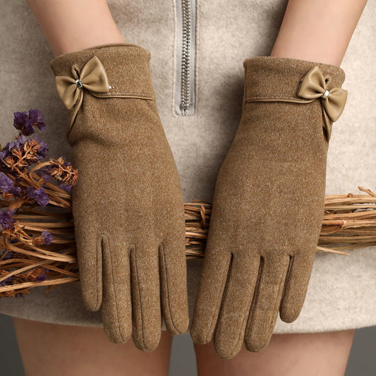 Fleece-lined De Suede Bow Gloves Touch Screen Warm Outdoor All-matching