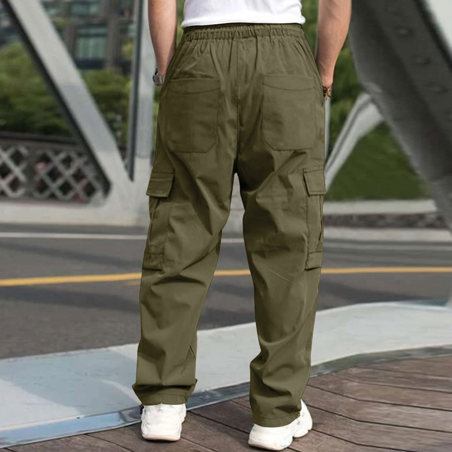 Casual Cargo Pants For Men Loose Straight Drawstring Waist Trousers With Pockets