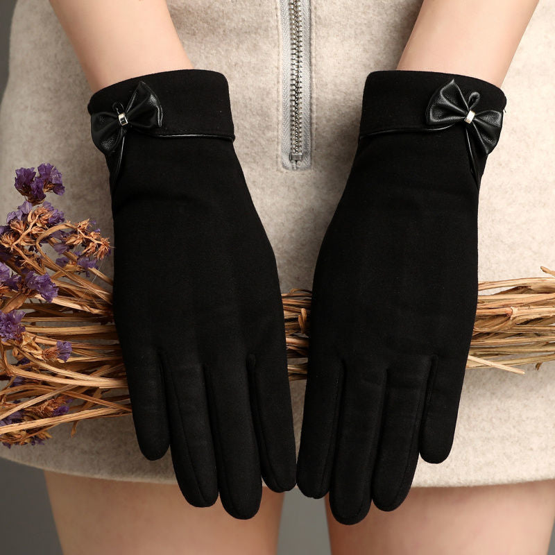 Fleece-lined De Suede Bow Gloves Touch Screen Warm Outdoor All-matching