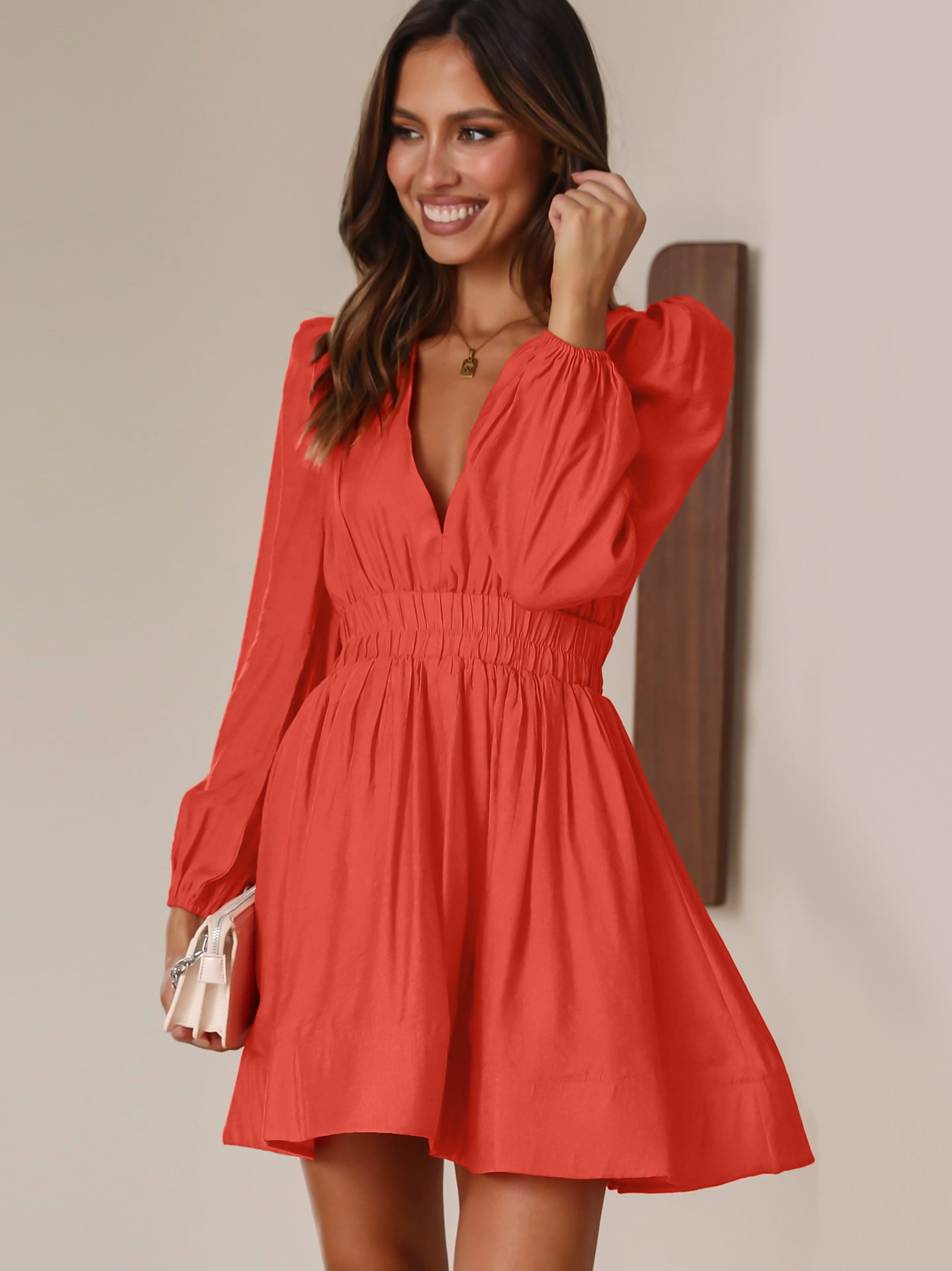 Fashion V-neck Dress Women's Elastic Waist Pleated Ruffled French Skirt Long Sleeve Short Dress