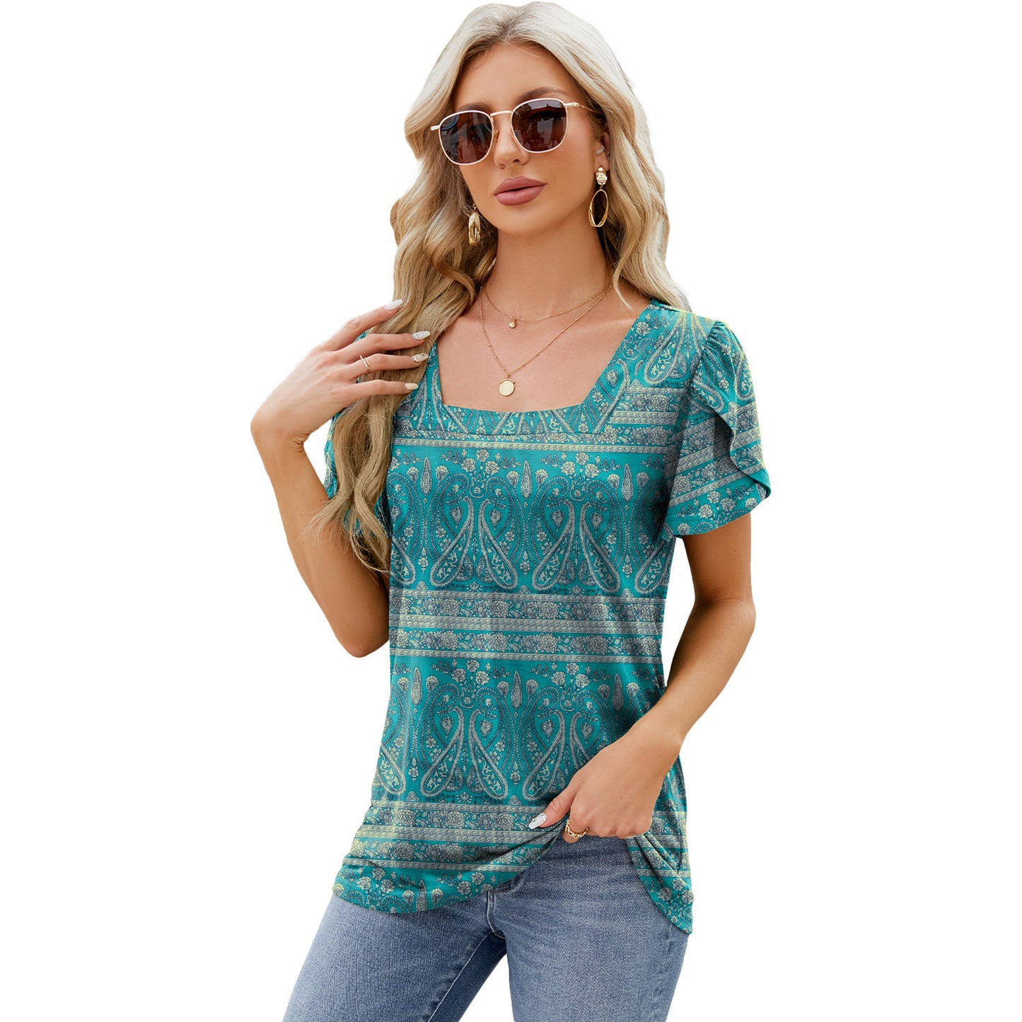 Summer Top Fashion Square Neck Printed Short-sleeved T-shirt With Petal Sleeve Design Bohemian Beach Loose T-shirt For Womens Clothing