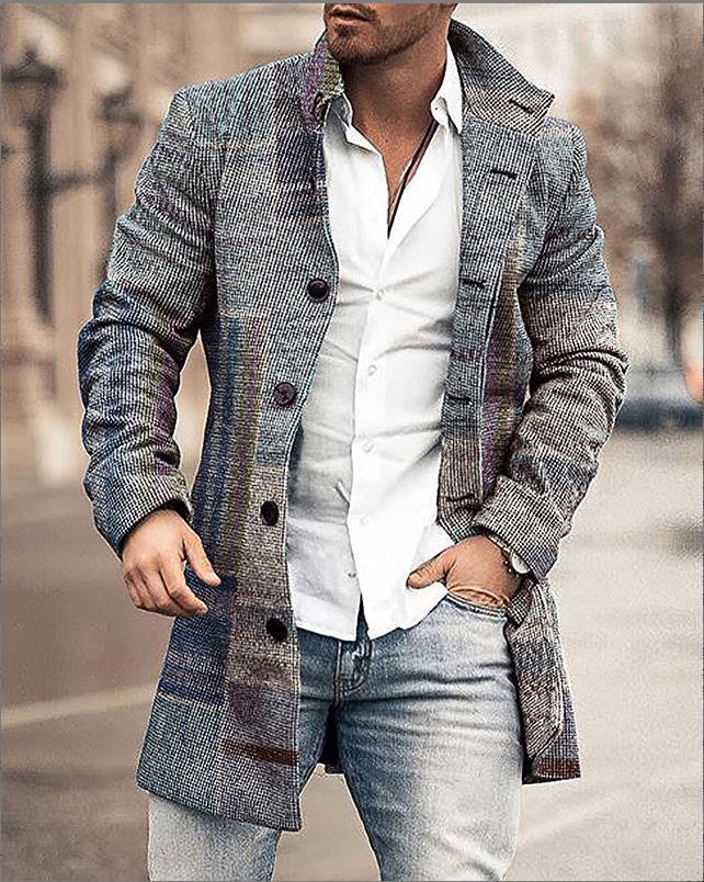 Fall Winter Men Woolen Stand Collar Mid-length Pocket Casual Coat