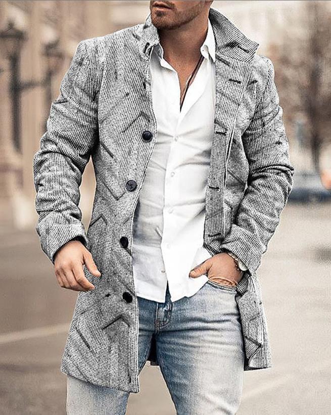 Fall Winter Men Woolen Stand Collar Mid-length Pocket Casual Coat