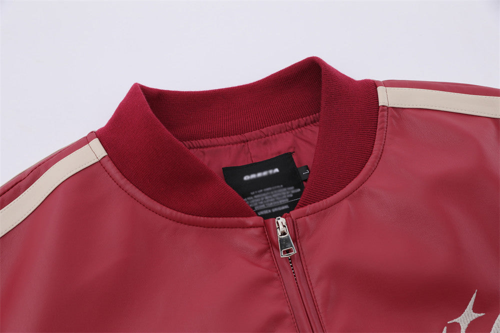 Embroidery Color Stitching Stand-collar PU Leather Coat Men