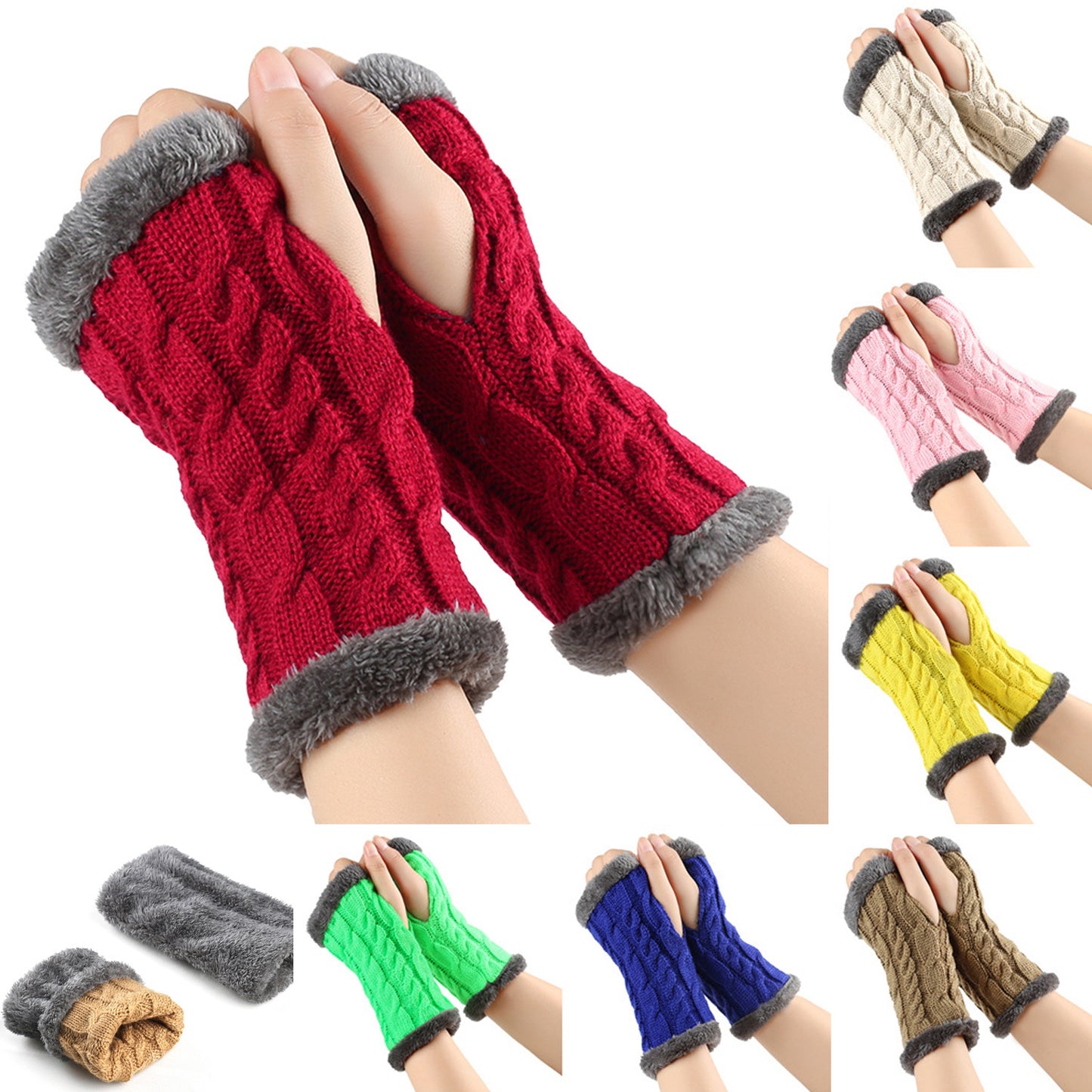 Fleece-lined Fluffy Gloves Twist Knitted Finger Leakage