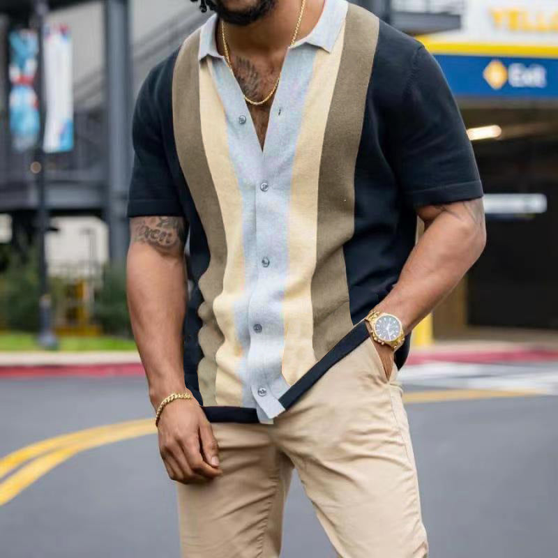 Men's Striped Casual Short-sleeved Knitted Cardigan T-shirt
