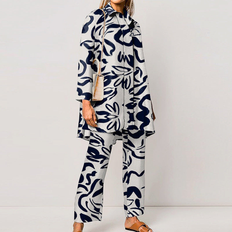 Printed Loose Long Sleeves Wide Leg Pants Fashion Suit