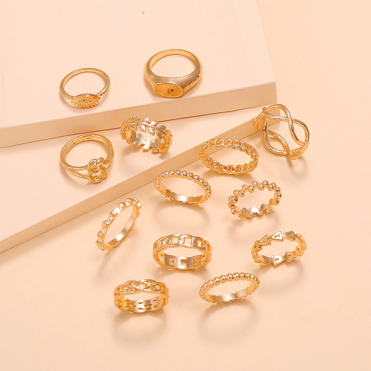 Leaf Crown Geometric Articulation Rings 6 Piece Combination Rings