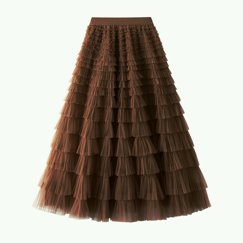 A-Line Mesh Ruffle Skirt Women's Temperament Sweet Long Skirt Slim Cupcake Dress Womens Clothing