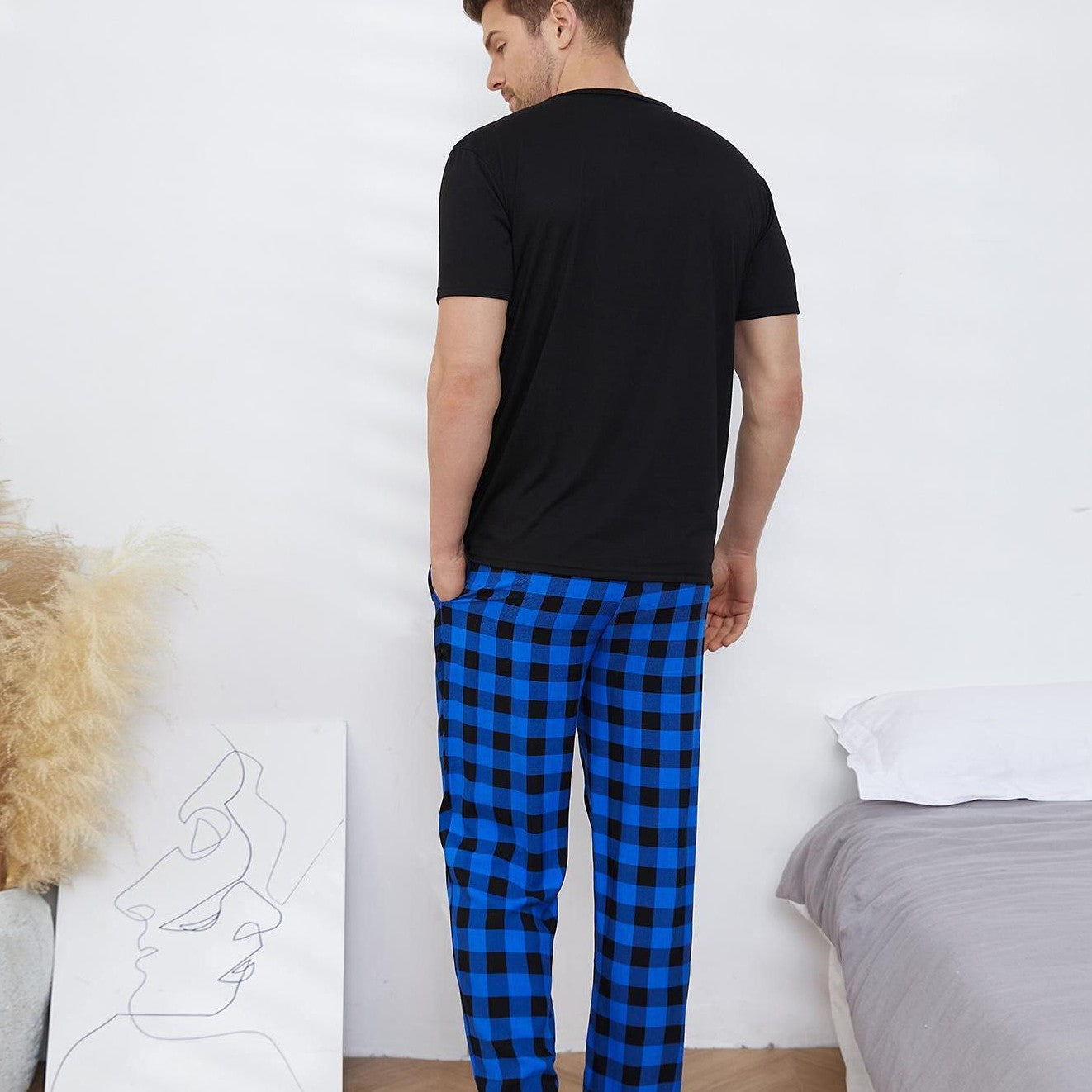 Men's Pajamas Set Short-sleeved Long Pants Home Wear