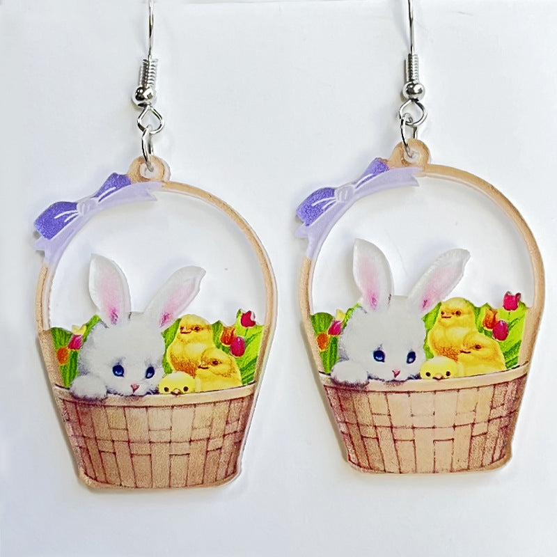 Easter Rabbit Flower Basket Cute Printed Egg Chick Spring Floral Earrings