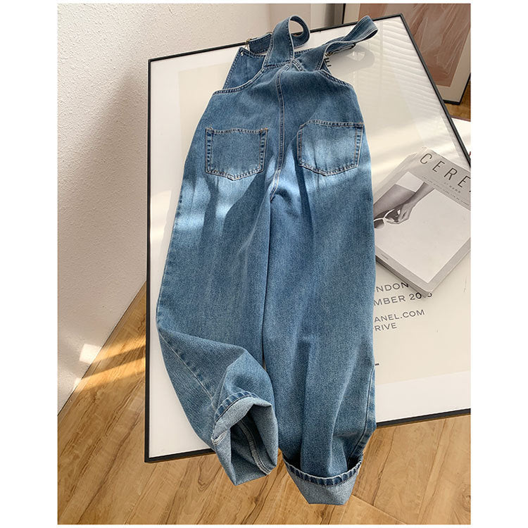 Blue Denim Suspender Pants Women's High Waist Loose
