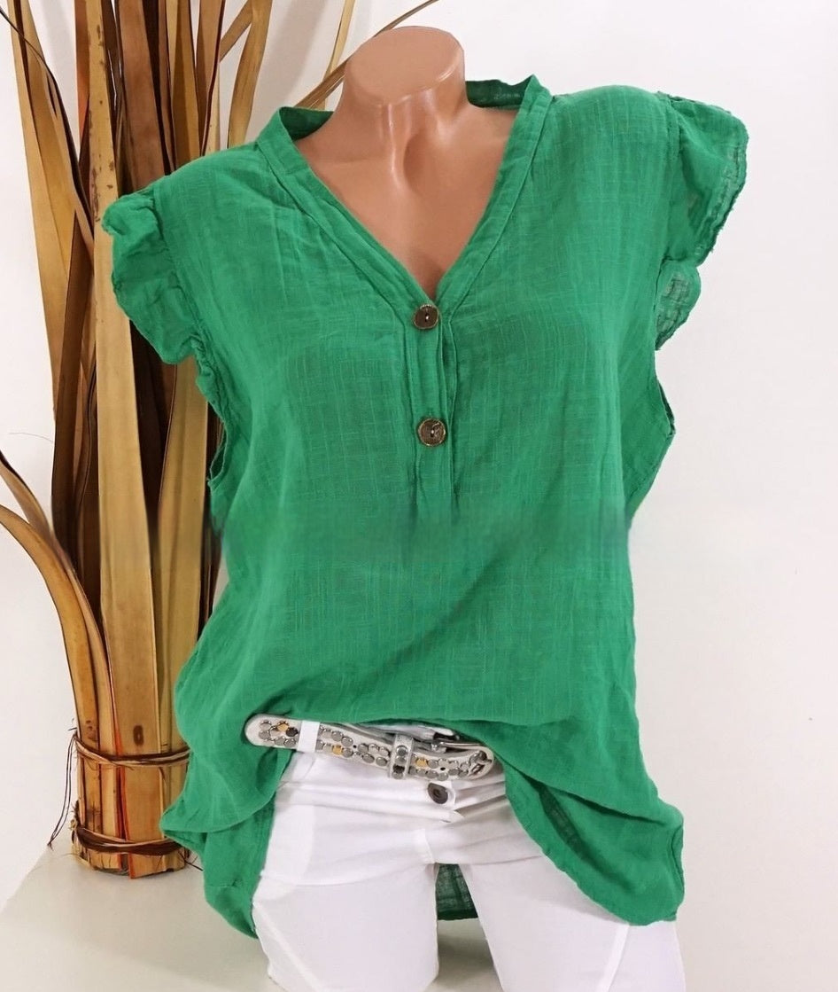 V-neck Plus Size Cotton And Linen Women's Loose sleeve